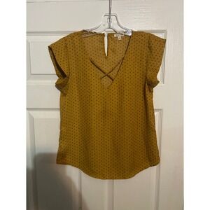 Lily White‎ Polka Dot Blouse Women's Size Small Mustard Yellow Top Crossover